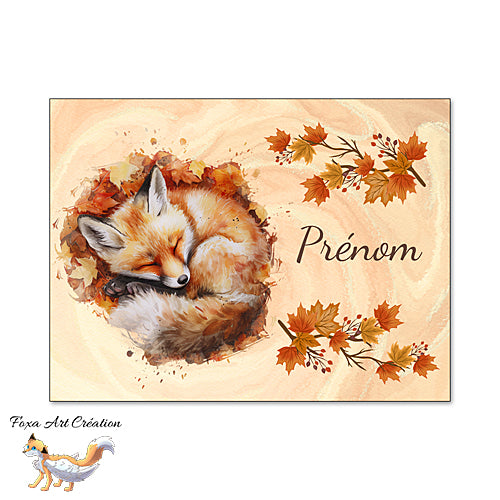 Plaque de Chambre Renardeau Endormi en Automne, Panneau de porte décoratif personnalisé