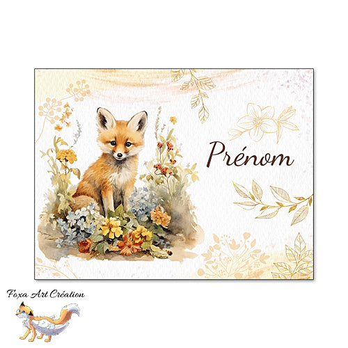 Plaque de Chambre Renardeau Fleurs Vintage, Panneau de porte décoratif personnalisé