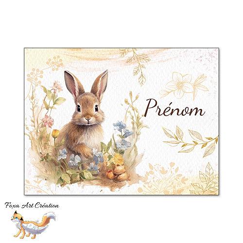 Plaque de Chambre Lapin mignon, Animal de la Forêt, Fleurs dorées, Panneau de porte décoratif personnalisé