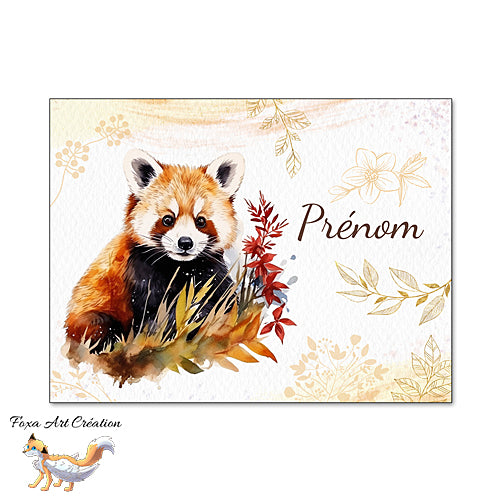 Plaque de Chambre Panda Roux, Portrait, Panneau de porte décoratif personnalisé, fleurs dorées modèle 1