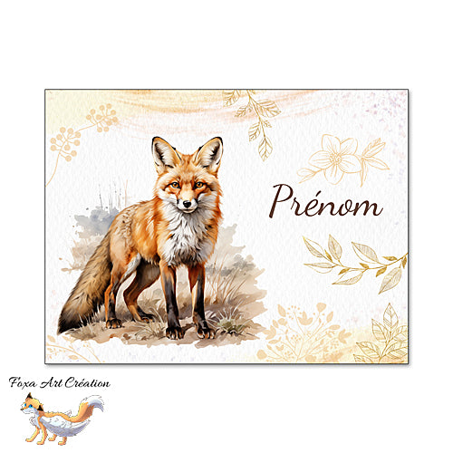 Plaque de Chambre Renard Roux Fleurs Dorées, Panneau de porte décoratif personnalisé