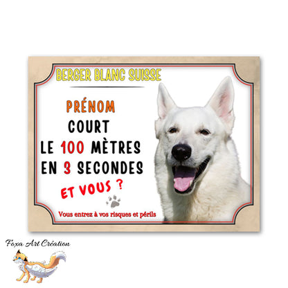 plaque attention au chien berger blanc suisse cours le 100 mètre en 3 secondes  