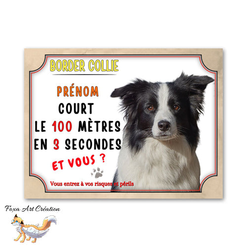 plaque attention au chien border collie cours le 100 metre en 3 seconde