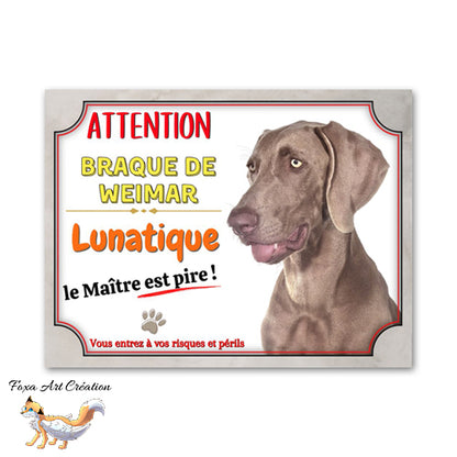 Plaque de portail  Braque de Weimar lunatique et maitre encore pire  panneau Attention au Chien