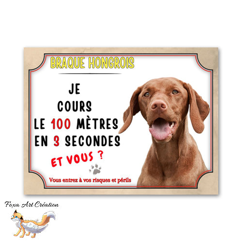 Plaque de portail Braque Hongrois court le 100 mètres en 3 secondes  Panneau Vizsla attention au chien