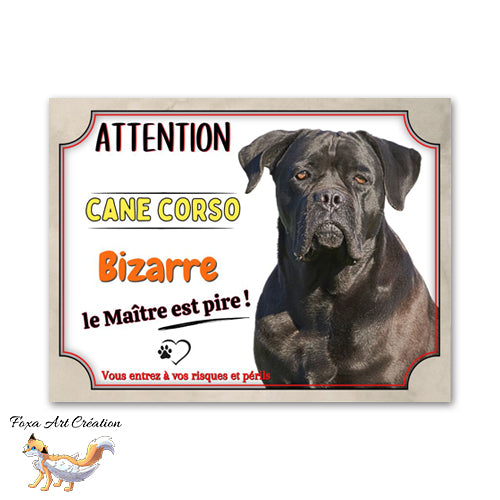 Plaque Attention au chien humour Cane Corso bizarre le maitre est pire