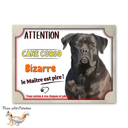 Plaque Attention au chien humour Cane Corso bizarre le maitre est pire