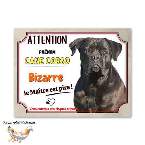 Plaque Attention au chien humour Cane Corso bizarre le maitre est pire