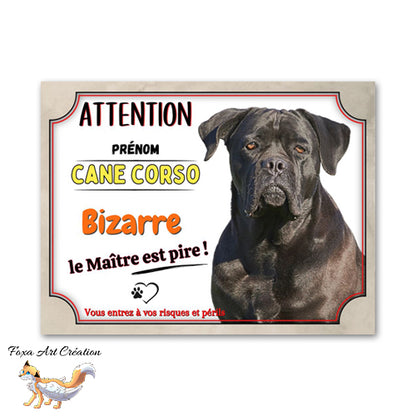 Plaque Attention au chien humour Cane Corso bizarre le maitre est pire