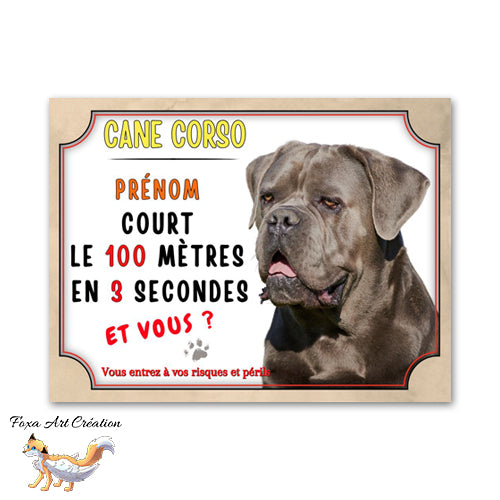 Plaque de portail Cane Corso cours le 100 mètres en 3 secondes et vous panneau Attention au chien