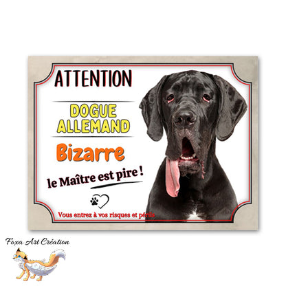Plaque de portail Dogue allemand bizarre le maitre est pire Panneau Attention au chien