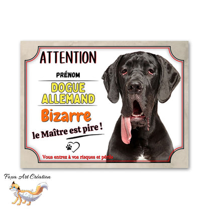 Plaque de portail Dogue allemand bizarre le maitre est pire Panneau Attention au chien