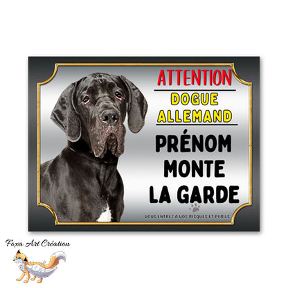 Plaque de portail Dogue allemand je monte la garde Panneau Attention au chien