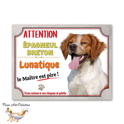 Plaque de portail Épagneul Breton lunatique le maitre est pire Panneau Attention au chien
