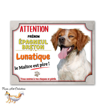 Plaque de portail Épagneul Breton lunatique le maitre est pire Panneau Attention au chien