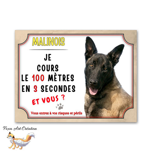 Plaque de portail chien Malinois je cours le 100 mètres en 3 secondes et vous