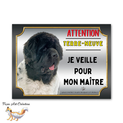 Plaque de portail Terre-Neuve je veille pour mon maitre Panneau Attention au chien