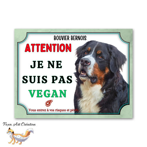Plaque de portail humour Attention au chien Bouvier bernois je ne suis pas vegan