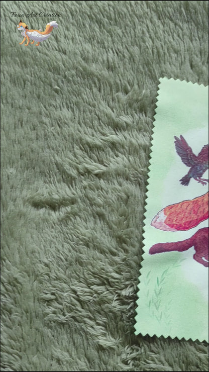 Chiffonnette essuie-lunettes microfibre verte avec illustration engagée Toutes les vies comptent réunissant 9 espèces animales par Foxa Art Création renard fouine martre geai des chenes etourneau sansonnet corbeau freux corneille noire belette pie bavarde