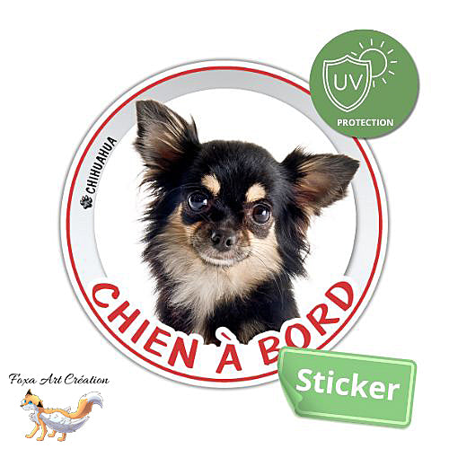 Sticker Chien à bord Chihuahua à poils longs Autocollant Voiture