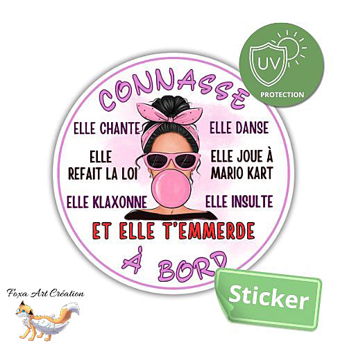 Sticker de voiture Autocollant Humour "Connasse à Bord", femme brune