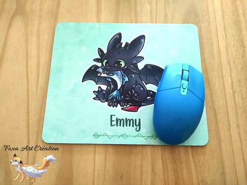 Tapis de souris Krokmou dragon noir, Furie Nocturne, Modèle Vert, personnalisable avec prénom, décoration de bureau